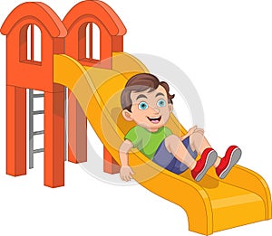 Cheerful boy playing slide cartoon