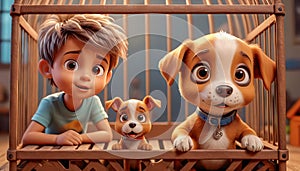 A cheerful boy is sitting in a cage with his friend puppy. Children in a cage