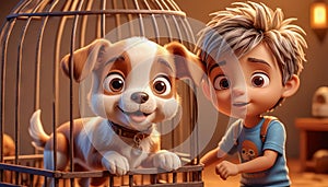A cheerful boy is sitting in a cage with his friend puppy. Children in a cage