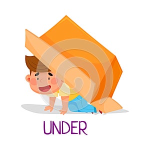 Cheerful Boy Sitting Under Carton Box as Preposition of Place Vector Illustration