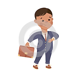 Cheerful Boy in Suit with Briefcase Depicting Businessman Profession Vector Illustration