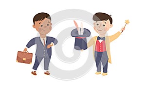 Cheerful Boy in Suit with Briefcase and Top Hat Depicting Businessman and Magician Profession Vector Set