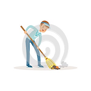 Cheerful boy sweeping trash using broom. Teenager wearing blue cap, jeans and shirt. Cartoon kid cleaning garbage