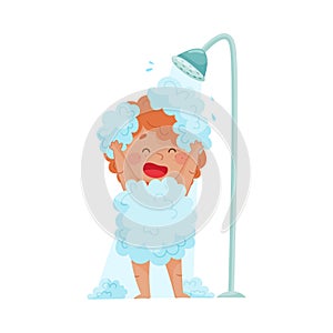 Cheerful Boy Taking a Shower Standing Under Shower Head Vector Illustration