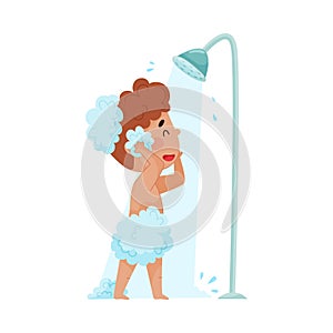 Cheerful Boy Taking a Shower Standing Under Shower Head Vector Illustration
