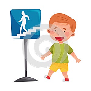 Cheerful Boy Walking Along Street Learning Road Signs and Traffic Rules Vector Illustration