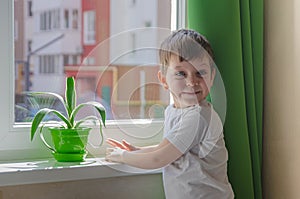 Cheerful boy wants to walk on the street, the child sits near the window and looks into it. Quarantine self-isolation due to