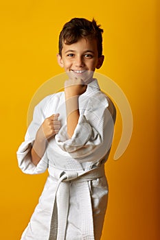 Cheerful boy in white kimono smiling at camera