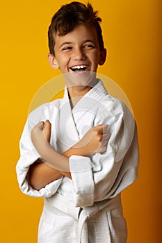 Cheerful boy in white kimono smiling at camera