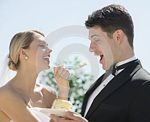 Cheerful Bride Feeding Wedding Cake To Groom