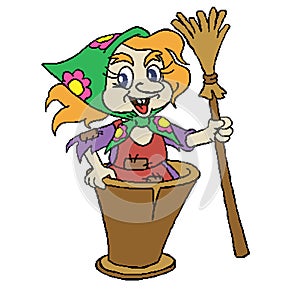 Cheerful, bright grandmother Yaga in a mortar with a broom in her hand, painted in squares and pixels. For Halloween design. Vecto