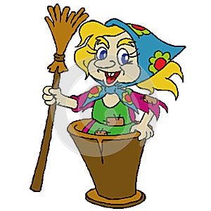 Cheerful, bright grandmother Yaga in a mortar with a broom in her hand, painted in squares and pixels. For Halloween design. Vecto