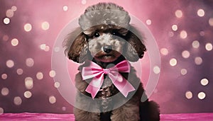 cheerful brown cocker spaniel with pink bow
