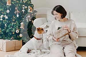 Cheerful brunette woman shows received presents to favourite dog, pose together on floor in cozy room, have festive mood, prepare