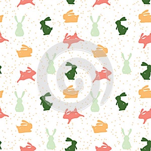 Cheerful Bunny Silhouette Pattern On Dotted background. Easter seamless pattern with bunnies