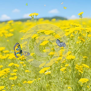 Cheerful buoyant spring summer shot of yellow Santolina flowers and butterflies in meadow Generative AI.