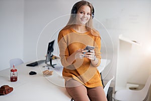 Cheerful business lady relax during brek time at work place look at camera