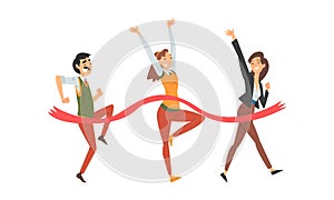 Cheerful Business Man and Woman Crossing Finish Line at Running Track Smiling Vector Set