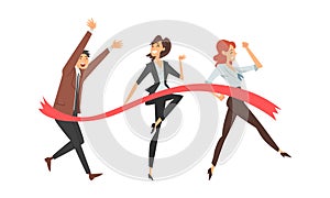 Cheerful Business Man and Woman Crossing Finish Line at Running Track Smiling Vector Set
