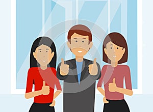 Cheerful business people team giving thumbs up in office.