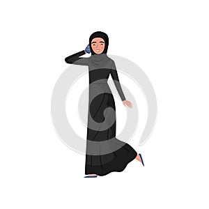 Cheerful business woman talking phone with client. Young Muslim girl in long black dress and hijab. Flat vector design