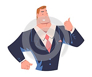 Cheerful businessman doing thumbs up gesture. Strong muscular boss character in blue suit cartoon vector illustration