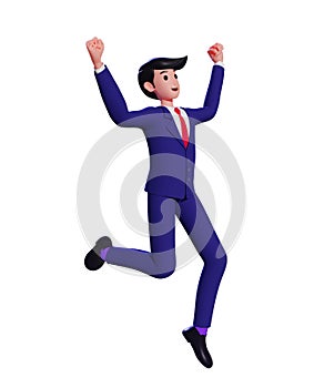 Cheerful businessman jumping in the air. 3d Cartoon Businessman jumping celebrating success