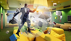 Cheerful businessman jumping high. Mixed media photo