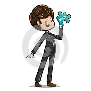 Cheerful businessman posing with a piece of puzzle