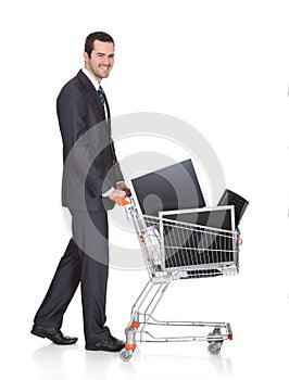 Cheerful Businessman Shopping Lcd Monitors