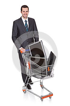 Cheerful Businessman Shopping Lcd Monitors