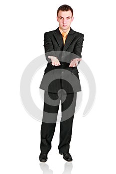 Cheerful businessman show empty hands. Isolated