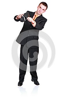 Cheerful businessman show empty wallet .