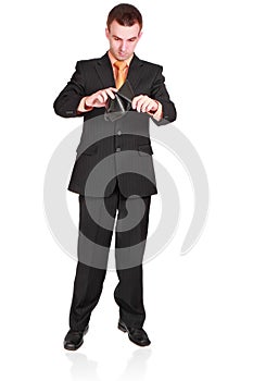 Cheerful businessman show empty wallet . Isolated