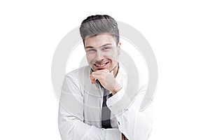 Cheerful businessman sitting, isolated