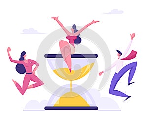 Cheerful Businesspeople Jumping with Hands Up around Huge Hourglass, Businesswoman Sitting on Top. Concept of Teamwork