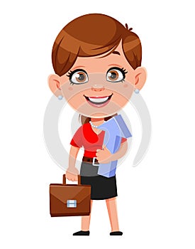 Cartoon business woman holding briefcase and arrow. Cheerful businesswoman cartoon character.