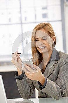 Cheerful businesswoman with PDA