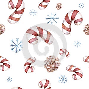 Cheerful candy cane background seamless pattern. Hand drawn watercolor cute christmas red candy. Nursery illustration.
