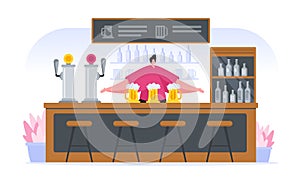 Cheerful cartoon bartender at counter in pub