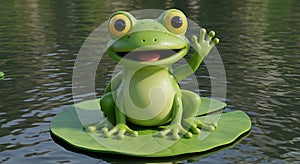 Cheerful Cartoon Frog on Lily Pad: A Whimsical Pond Scene photo