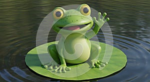 Cheerful Cartoon Frog on Lily Pad: A Whimsical Summer Scene photo