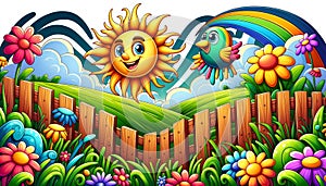 Cheerful Cartoon Garden with Smiling Sun, Rainbow, and Flowers