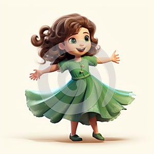Cheerful Cartoon Girl In Green Dress With Brown Hair
