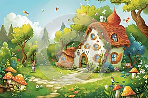 A cheerful cartoon illustration of a storybook cottage surrounded by a blooming garden and forest, exuding a warm, sunny