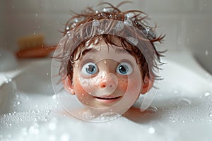 Cheerful Cartoon Little Child Taking a Bath in a Bathtub with Foam extreme closeup. Generative AI