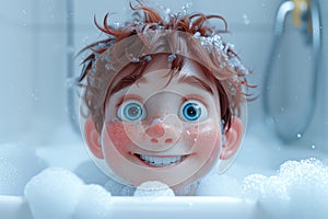 Cheerful Cartoon Little Child Taking a Bath in a Bathtub with Foam extreme closeup. Generative AI