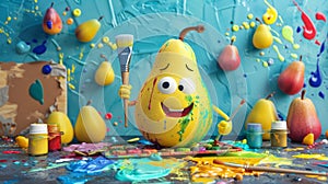 cheerful cartoon pear with paintbrush, palette, and colorful paints, symbolizing art and creativity in an illustration