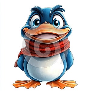 Cheerful cartoon penguin character wearing a cozy red scarf against a plain white background photo