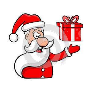 Cheerful cartoon Santa Claus with a gift, vector illustration